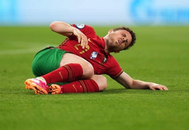 Diogo Jota of Portugal reacts in pain during the UEFA Euro 2020 Championship Group F match between Portugal and France at Puskas Arena on June 23,...