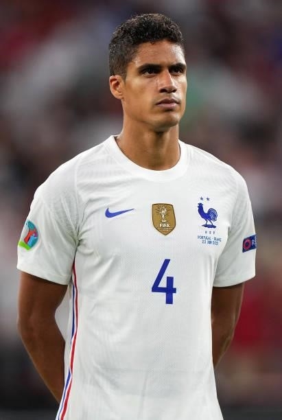 Raphael Varane of France looks on prior to the UEFA Euro 2020 Championship Group F match between Portugal and France at Puskas Arena on June 23, 2021...