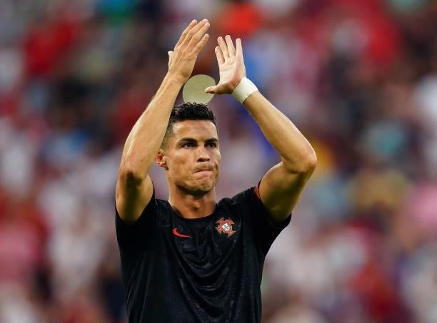Cristiano Ronaldo of Portugal applauds fans prior to the UEFA Euro 2020 Championship Group F match between Portugal and France at Puskas Arena on...
