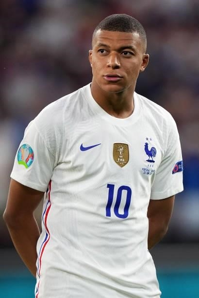 Kylian Mbappe of France looks on prior to the UEFA Euro 2020 Championship Group F match between Portugal and France at Puskas Arena on June 23, 2021...