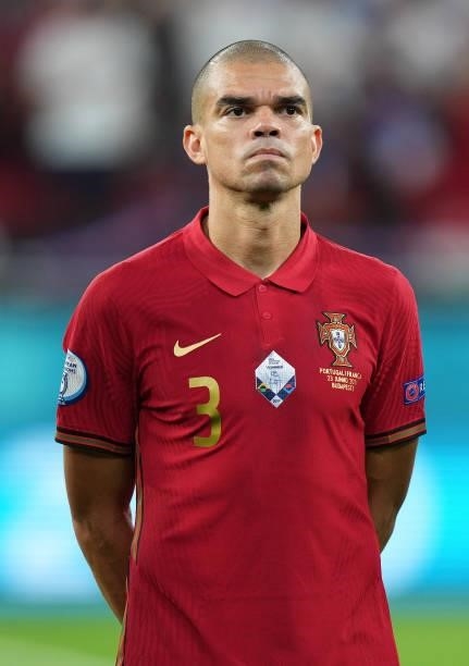 Pepe of Portugal looks on prior to the UEFA Euro 2020 Championship Group F match between Portugal and France at Puskas Arena on June 23, 2021 in...