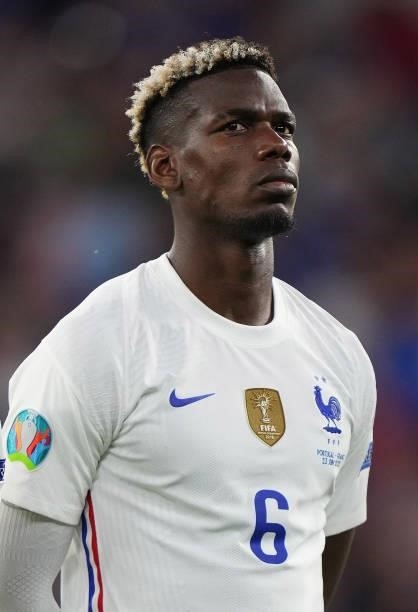 Paul Pogba of France looks on prior to the UEFA Euro 2020 Championship Group F match between Portugal and France at Puskas Arena on June 23, 2021 in...