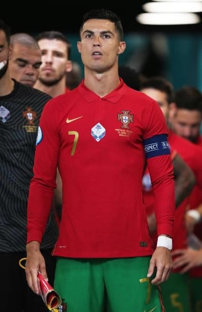 Cristiano Ronaldo of Portugal looks on prior to the UEFA Euro 2020 Championship Group F match between Portugal and France at Puskas Arena on June 23,...