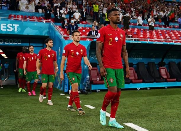 Nelson Semedo of Portugal walks out for the UEFA Euro 2020 Championship Group F match between Portugal and France at Puskas Arena on June 23, 2021 in...