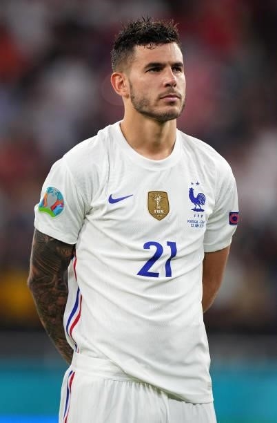 Lucas Hernandez of France looks on prior to the UEFA Euro 2020 Championship Group F match between Portugal and France at Puskas Arena on June 23,...