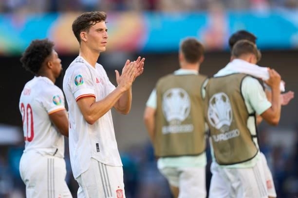 Pau Torres of Spain salutes the fans during the UEFA Euro 2020 Championship Group E match between Slovakia and Spain at Estadio La Cartuja on June...