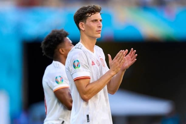 Pau Torres of Spain salutes the fans during the UEFA Euro 2020 Championship Group E match between Slovakia and Spain at Estadio La Cartuja on June...