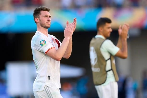 Aymeric Laporte of Spain salutes the fans during the UEFA Euro 2020 Championship Group E match between Slovakia and Spain at Estadio La Cartuja on...
