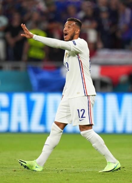 Corentin Tolisso of France gestures during the UEFA Euro 2020 Championship Group F match between Portugal and France at Puskas Arena on June 23, 2021...