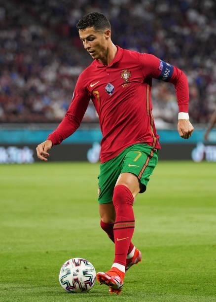 Cristiano Ronaldo of Portugal in action during the UEFA Euro 2020 Championship Group F match between Portugal and France at Puskas Arena on June 23,...