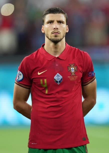 Ruben Dias of Portugal looks on prior to the UEFA Euro 2020 Championship Group F match between Portugal and France at Puskas Arena on June 23, 2021...