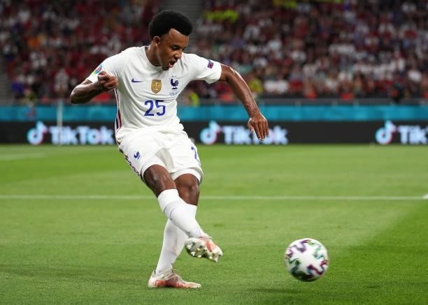 Jules Kounde of France in action during the UEFA Euro 2020 Championship Group F match between Portugal and France at Puskas Arena on June 23, 2021 in...