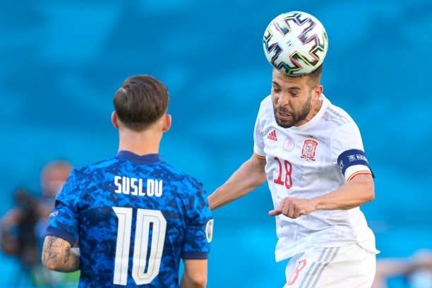 Jordi Alba of Spain battle for the ball with Tomas Suslov of Slovakia during the UEFA Euro 2020 Championship Group E match between Slovakia and Spain...