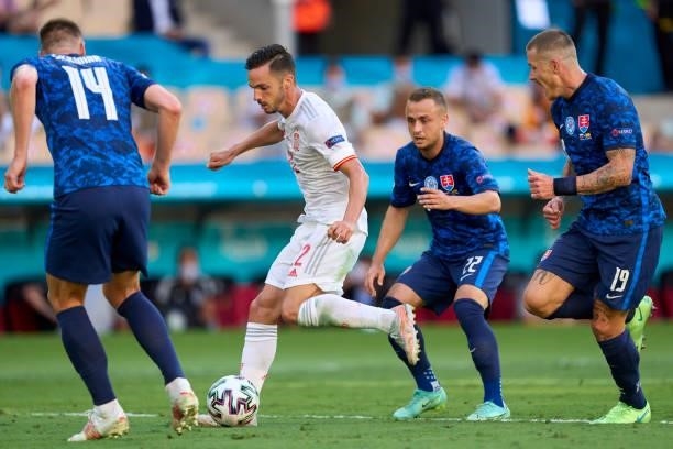 Pablo Sarabia of Spain battle for the ball with Milan Skriniar of Slovakia during the UEFA Euro 2020 Championship Group E match between Slovakia and...