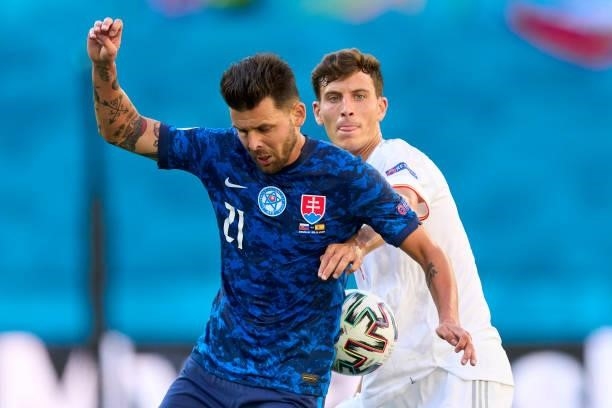 Pau Torres of Spain battle for the ball with Michal Duris of Slovakia during the UEFA Euro 2020 Championship Group E match between Slovakia and Spain...
