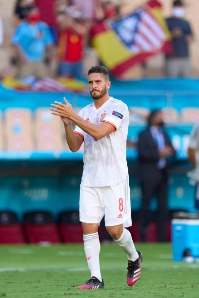 Koke of Spain salutes the fans during the UEFA Euro 2020 Championship Group E match between Slovakia and Spain at Estadio La Cartuja on June 23, 2021...