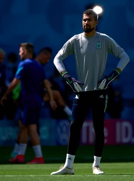 Robert Sanchez of Spain looks on prior the game during the UEFA Euro 2020 Championship Group E match between Slovakia and Spain at Estadio La Cartuja...