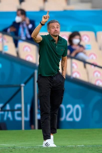 Luis Enrique, Manager of Spain reacts during the UEFA Euro 2020 Championship Group E match between Slovakia and Spain at Estadio La Cartuja on June...