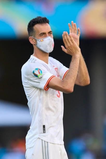 Sergio Busquets of Spain salutes the fans during the UEFA Euro 2020 Championship Group E match between Slovakia and Spain at Estadio La Cartuja on...