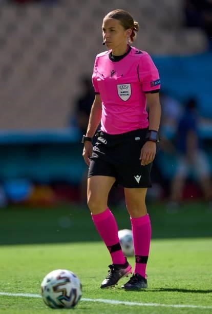 Referee Stephanie Frappart looks on prior the game during the UEFA Euro 2020 Championship Group E match between Slovakia and Spain at Estadio La...