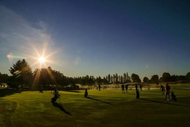 General view of the clubhouse putting green at sunrise during the first round of the Live And Work In Maine Open held at Falmouth Country Club on...