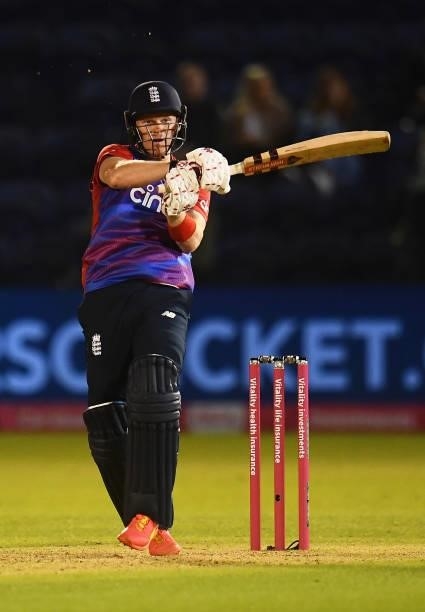 Sam Billings of England plays a shot during the T20 International Series Second T20I match between England and Sri Lanka at Sophia Gardens on June...