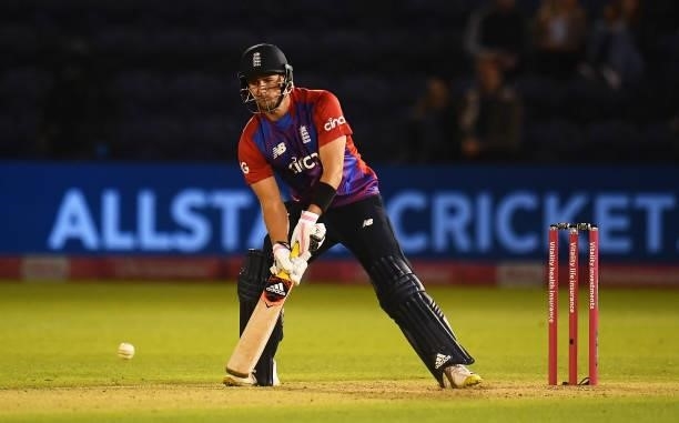 Liam Livingstone of England plays a shot during the T20 International Series Second T20I match between England and Sri Lanka at Sophia Gardens on...