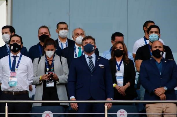 President of Conmebol Alejandro Dominguez attends a Group A match between Bolivia and Uruguay as part of Copa America Brazil 2021 at Arena Pantanal...