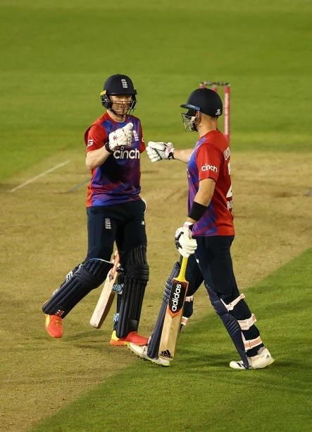 Liam Livingstone and Sam Billings of England build a partnership during the T20 International Series second T20I match between England and Sri Lanka...