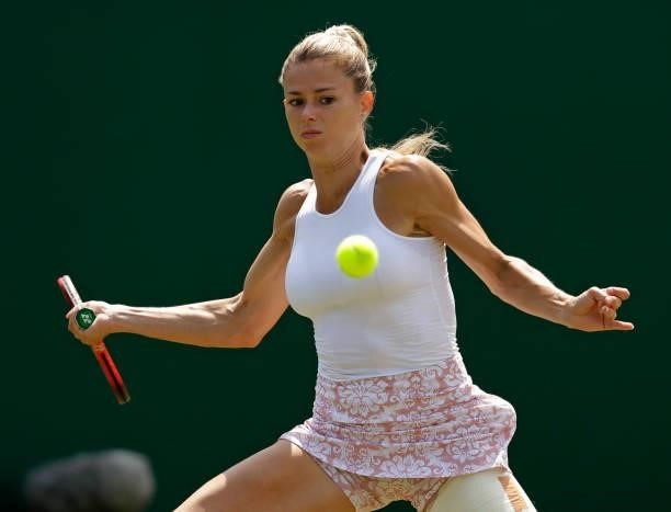 Camila Giorgi of Italy in action during her women's singles quarter final match against Aryna Sabalenka of Belarus during day 6 of the Viking...