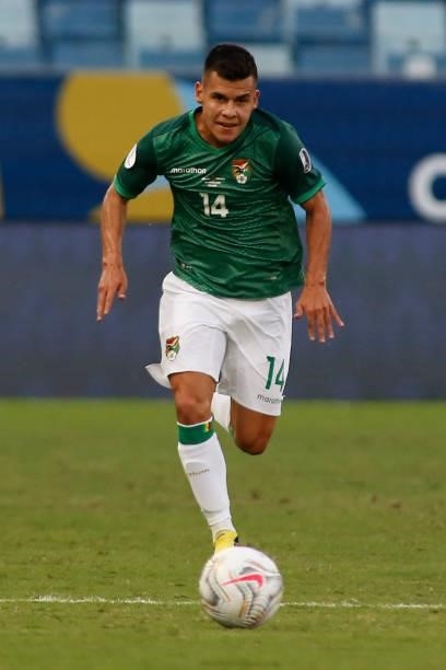 Moises Villarroel of Bolivia controls the ball during a Group A match between Bolivia and Uruguay as part of Copa America Brazil 2021 at Arena...