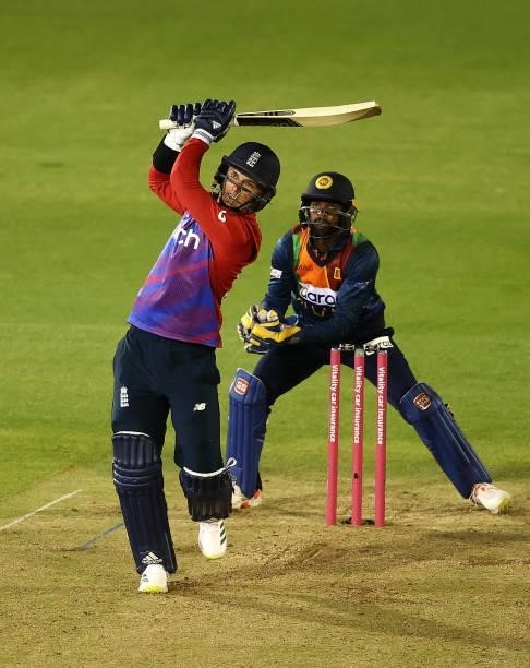 Sam Curran of England hits a six to win the match during the T20 International Series second T20I match between England and Sri Lanka at Sophia...