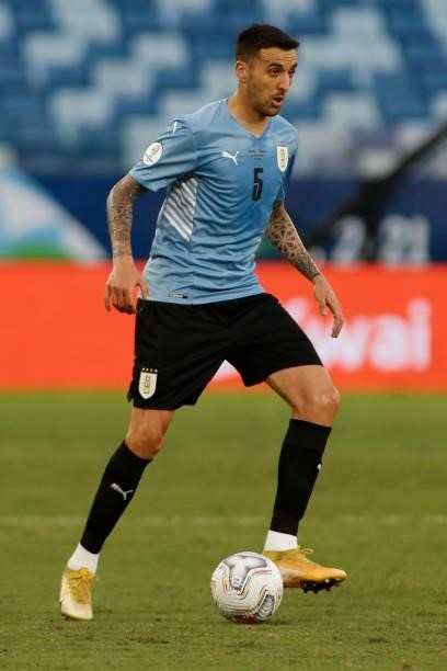 Matias Vecino of Uruguay controls the ball during a Group A match between Bolivia and Uruguay as part of Copa America Brazil 2021 at Arena Pantanal...