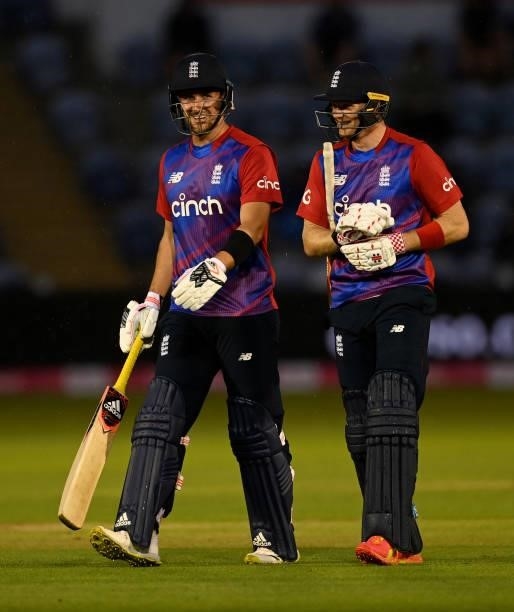 Liam Livingstone and Sam Billings of England share a joke during the 2nd T20 International match between England and Sri Lanka at Sophia Gardens on...