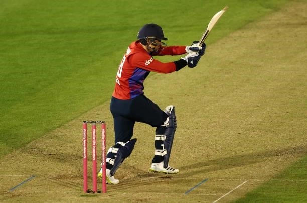 Sam Curran of England bats during the T20 International Series second T20I match between England and Sri Lanka at Sophia Gardens on June 24, 2021 in...