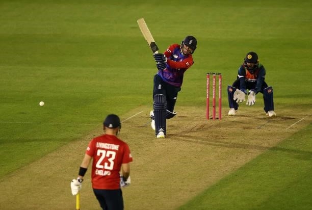 Sam Curran of England bats during the T20 International Series second T20I match between England and Sri Lanka at Sophia Gardens on June 24, 2021 in...