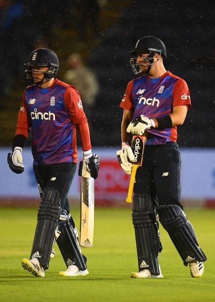 Liam Livingstone and Sam Curran of England celebrate following their sides victory in the T20 International Series Second T20I match between England...