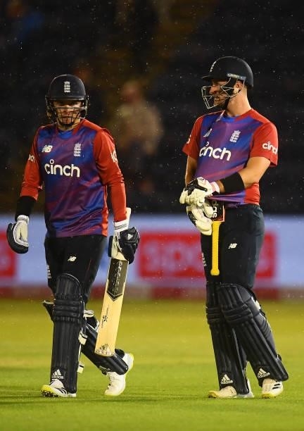 Liam Livingstone and Sam Curran of England celebrate following their sides victory in the T20 International Series Second T20I match between England...