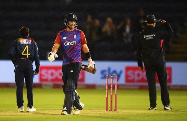 Liam Livingstone of England celebrates following their sides victory in the T20 International Series Second T20I match between England and Sri Lanka...