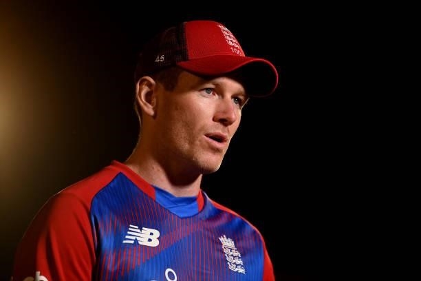 England captain Eoin Morgan is interviewed after the 2nd T20 International match between England and Sri Lanka at Sophia Gardens on June 24, 2021 in...