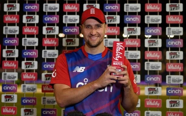 Liam Livingstone of England is presented with his player of the match award after the 2nd T20 International match between England and Sri Lanka at...
