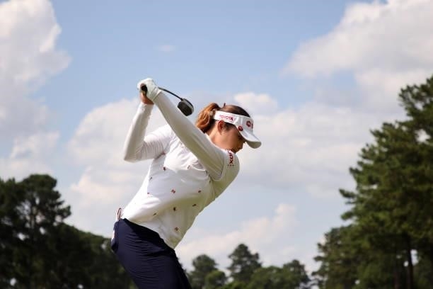 Ariya Jutanugarn of Thailand plays her shot from the 18th tee during the first round of the KPMG Women's PGA Championship at Atlanta Athletic Club on...