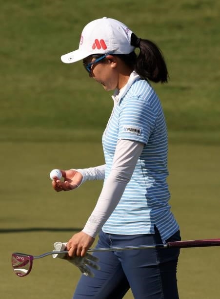 Ayako Uehara of Japan reacts to her putt on the 16th hole during the first round of the KPMG Women's PGA Championship at Atlanta Athletic Club on...