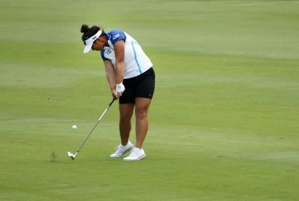 Megan Khang plays her shot on the 16th hole during the first round of the KPMG Women's PGA Championship at Atlanta Athletic Club on June 24, 2021 in...