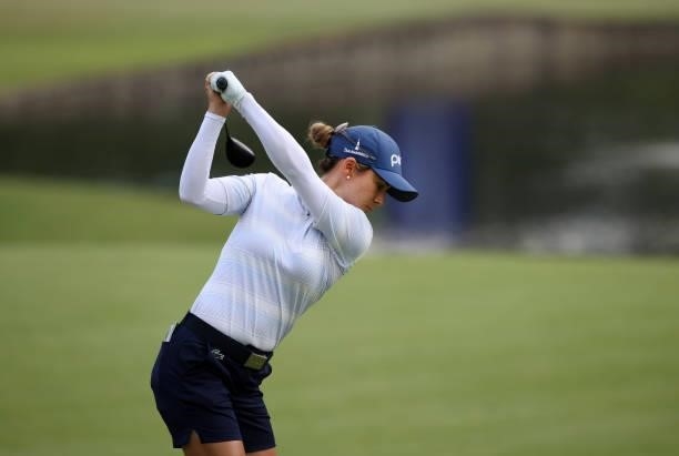 Azahara Muñoz of Spain plays her shot from the 15th tee during the first round of the KPMG Women's PGA Championship at Atlanta Athletic Club on June...