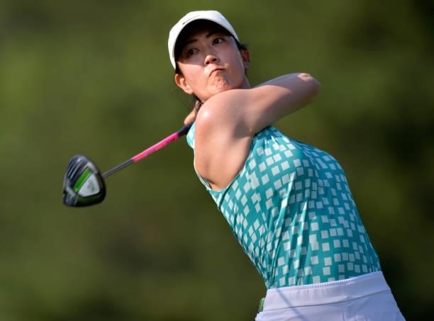 Michelle Wie West plays her shot from the ninth tee during the first round of the KPMG Women's PGA Championship at Atlanta Athletic Club on June 24,...