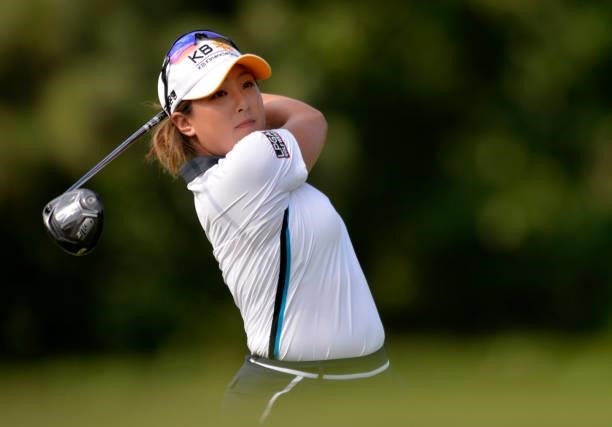 Jiwon Jeon of South Korea plays her shot during the first round of the KPMG Women's PGA Championship at Atlanta Athletic Club on June 24, 2021 in...