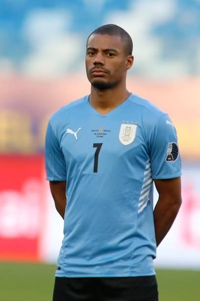 Nicolas De La Cruz of Uruguay looks on prior to a Group A match between Bolivia and Uruguay as part of Copa America Brazil 2021 at Arena Pantanal on...