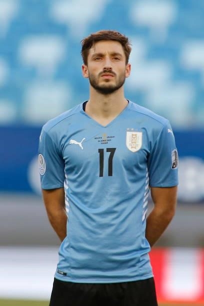 Matias Viña of Uruguay looks on prior to a Group A match between Bolivia and Uruguay as part of Copa America Brazil 2021 at Arena Pantanal on June...