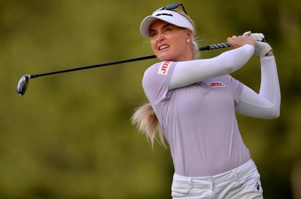 Charley Hull of England plays her shot during the first round of the KPMG Women's PGA Championship at Atlanta Athletic Club on June 24, 2021 in Johns...